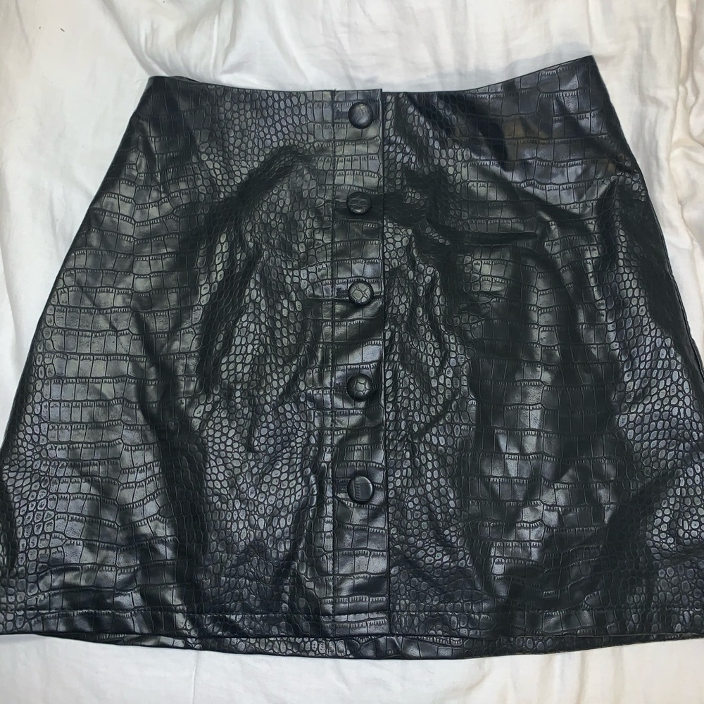Black Snakeskin Faux Leather Button Down Skirt
